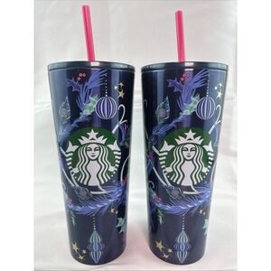 Lot Of 2 -Starbucks Holiday Christmas Tumbler Blue Ornaments 2024 Straw 24 oz